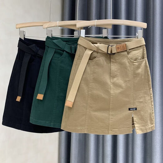Pierre Cardin Falda corta de falda para mujeres en el otoño Nuevo empacado de cadera corto de cintura alta y anti-exposición A-linewear de mezclilla de mezclilla [calidad] 5012-khaki + corbata s Recomendada 85-95Jin [Jin equivale a 0.5 kg]