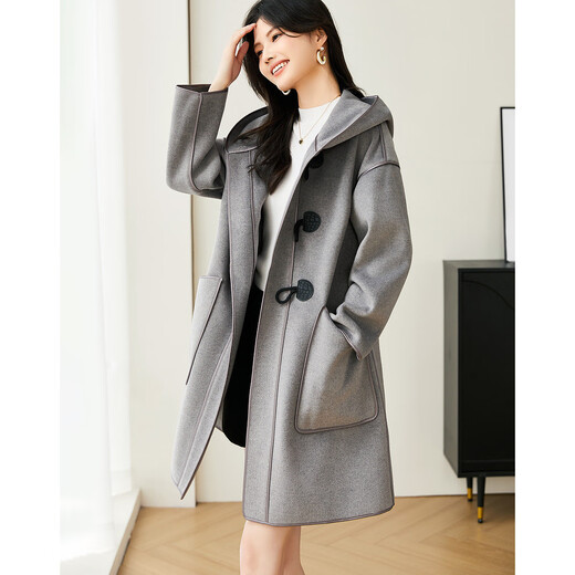 Demana retro age-reducing spring and autumn hooded straight long-sleeved off-shoulder double-sided woolen horn button jacket for women mid-length