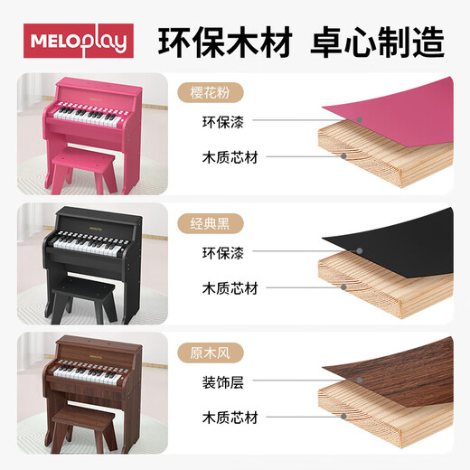 MeloPlay children's electronic piano wooden piano toys 1-3 years old 6 babies boys and girls birthday gifts Early education musical instruments cherry blossom powder [plug-in/battery model + music score sticker]