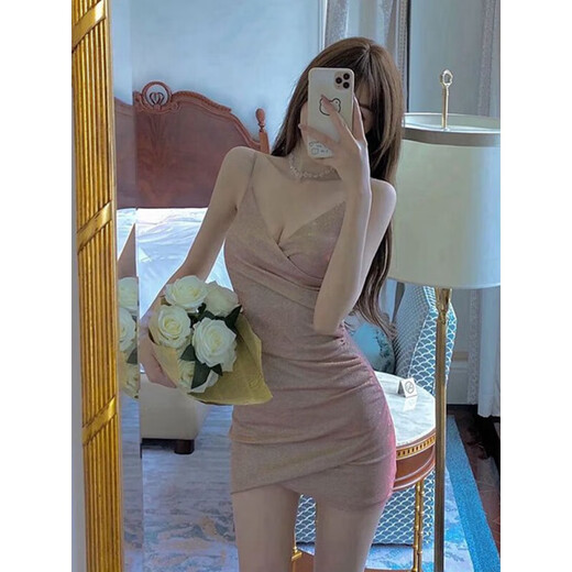 忆静萱（YIJINGXUAN）春夏女装V领短款抹胸包臀连衣裙性感亮片修身露背礼服吊带裙夜店 主图色 L 105-115斤