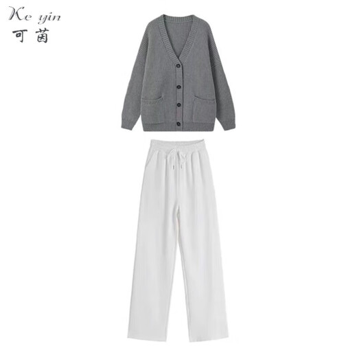Keyin Casual Hosen Frauenanzug 2025 Frühling neuer Stil kleiner fauler Stil Strickpullover Weitbein Hosen 3882 grauer Pullover m
