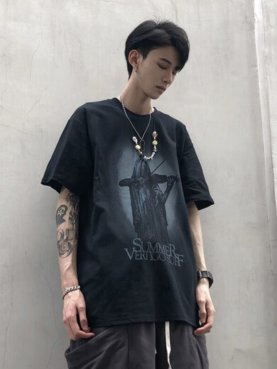 梦莲娅短袖T恤男夏季薄款暗黑系欧美高街潮牌上衣印花嘻哈半袖打底t clfs-cl1047黑色 M