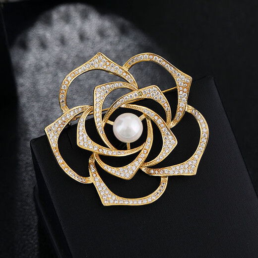 Sili Elegant Camellia Pearl Brooch Retro Light Luxury European and American Temperament Corsage Pin Women's Exquisite Coat Accessories Atmospheric Rotating Camellia