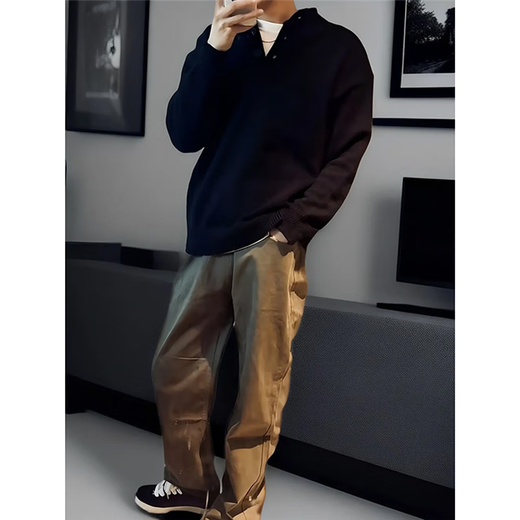 Lifeng Lei Jun's same style cleanfit henley collar sweater men's winter retro sweater men's base layer black fabric upgrade XL suitable for 130-145Jin Jin equals 0.5 kg