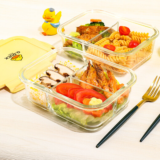 
Cilock (cilock) small yellow duck glass lunch box microwave heating special bowl office worker brings lunch box fruit bento box freshness box three partitions 1050ml + round 450ml + bag + tableware