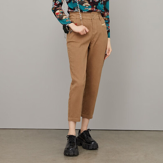 
Yuyu brand women's casual pants for women 2023 new embroidered mid-waist slightly elastic small feet nine-point trousers FGFC6221 Coral Red M