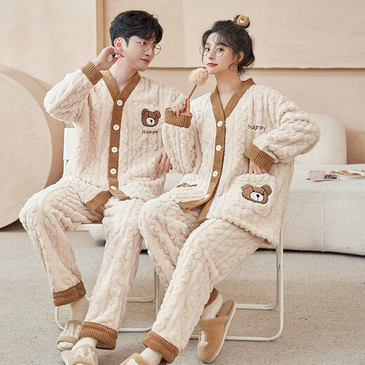 Langsha Couple Pajamas Autumn and Winter Men and Women Coral Velvet Warm Plus Velvet Thickened Cartoon Cute Loose Flannel Home Clothes Cartoon Bear 2XL Women's Style