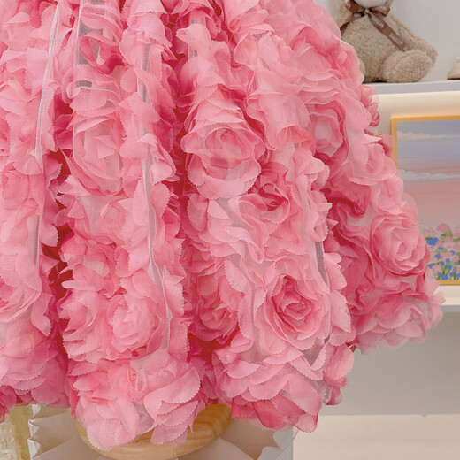 Anne Youer Girls Dress Summer 2025 New Children's Internet Celebrity Three-dimensional Flower French Princess Dress Girls Summer Dress Pink 110