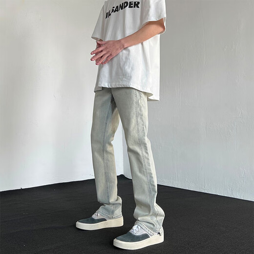 
7 high-quality yellow mud color jeans men's new American high street elastic slim straight-leg trendy casual long trousers DDD-673 yellow M