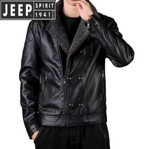 JEEP SPIRIT吉普皮衣男士加绒加厚真皮夹克2025冬季新款韩版修身休闲皮毛一体 黑色 2XL