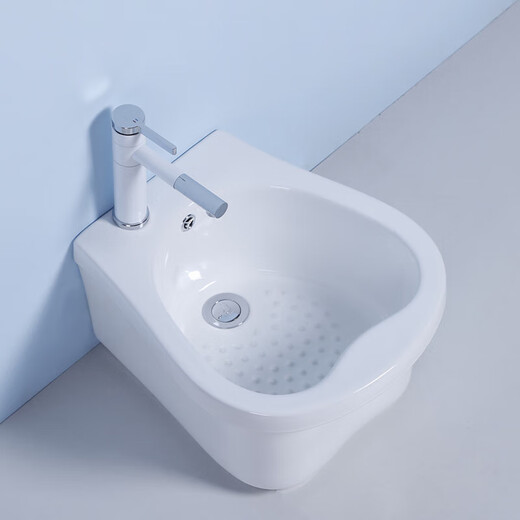 Lujies ceramic footbath, footbath with drain, bathroom porcelain footbath, footbath bucket, household egg-shaped model + white square faucet with full accessories