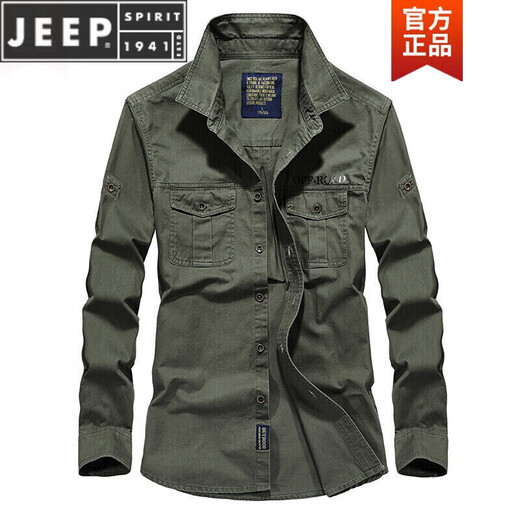 JEEP SPIRITPIRIT长袖衬衫男士春秋休闲纯棉大码宽松衬衣青年上衣薄款外套男 加绒军绿色1389 S 均码