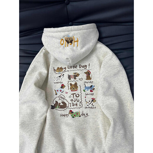 Cantu puppy embroidered hooded sweatshirt for women in autumn and winter plus velvet long-sleeved tops American style high-end small man jacket trendy white gray plus velvet L Recommended 100Jin Jin is equal to 0.5kg to 120Jin Jin is equal to 0.5kg
