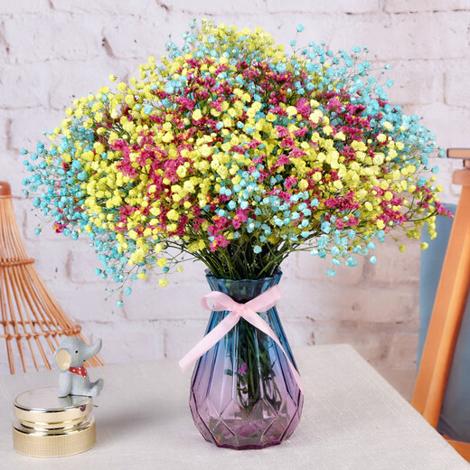 AIMAN Gypsophila Natural Dried Flower Bouquet Ins Internet Celebrity Birthday New House Decorative Ornaments Air-Dried Real Flower Arrangements Home Furnishings Yellow + Pink + Sapphire Blue Gypsophila Without Vase