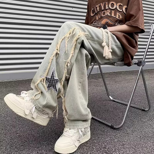 Yiran presents yellow mud-colored jeans for men, retro loose wide-legged straight-leg floor-length trendy brand casual versatile pants for men, autumn new style, yellow mud-colored L. Recommended 105-125 Jin Jin is equal to 0.5 kg