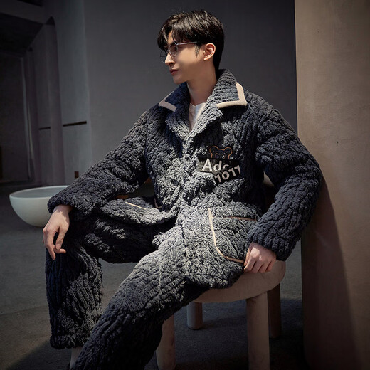 Pamachi Пижама Pamachi мужская зимняя стеганая трехслойная утолщенная плюс бархатная фланель теплая очень плотная хлопчатобумажная куртка комплект домашней одежды 9902 Размер XL (171-178см 130-155Цзинь Цзинь равен 0,5 кг)