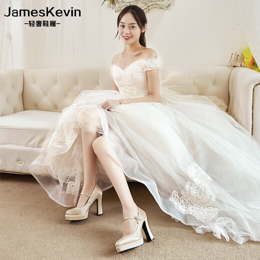 
James Kevin brand main wedding artifact wedding shoes for women 2024 new wedding bride shoes waterproof platform high heels thick sole thick heel 757 champagne color heel upgrade (11cm) 35 225mm