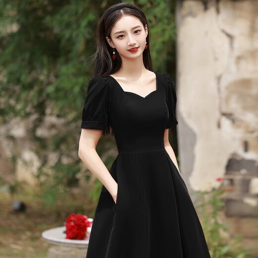Li Baixin black evening dress annual meeting velvet light luxury niche high-end sense vocal music art test birthday banquet dress host black velvet long long sleeves M