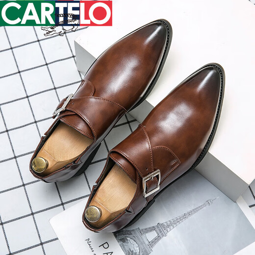 卡帝乐鳄鱼（CARTELO）皮鞋男士夏季搭扣复古商务正装休闲朋克夜发型师新郎结婚鞋男鞋子 -3883黑色 38