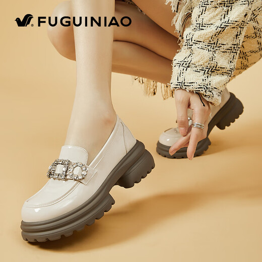 富贵鸟真皮女鞋厚底乐福鞋女2024春季新款单鞋女圆头松糕小皮鞋 FN0235/1049 米色 36