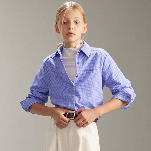 ELLE KIDS French girls spring new plaid embroidered soft and comfortable classic basic long-sleeved polo collar shirt