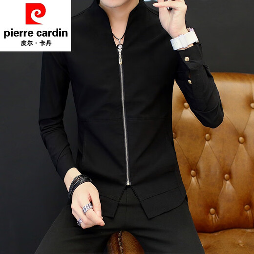 Pier Cardin men's shirt long-sleeved spring and autumn Tang suits, Chinese stand-up collar jacket, Chinese style casual shirt, men's clothing, white 9905 stand-up collar shirt, M