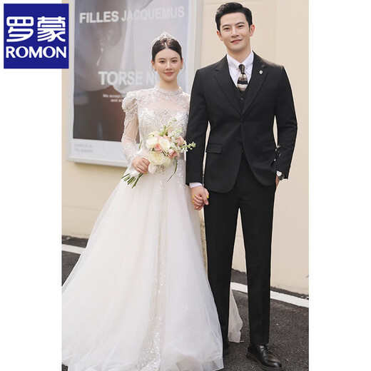 ROMON Wool Suit Suit Men's Business Casual Suit Men's Wedding Groom Groomsman Dress Professional Formal Jacket Single-breasted Dark Gray Three-piece Set Free Tie 2XL