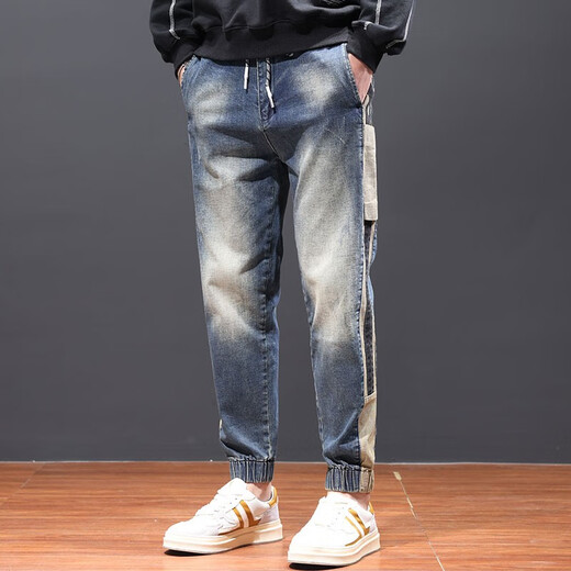 后探重磅束脚牛仔裤男宽松条纹休闲男裤潮牌哈伦裤春季男士小脚裤子 3033蓝色 31 （120-130斤）