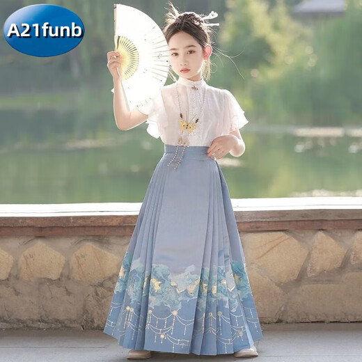 A 21 FUNB女童马面裙儿童汉服夏春季套装新款儿童中国古风汉服半身裙小女孩 对扣上衣+长款马面裙+项链 150 适合140-150cm年龄11-12岁