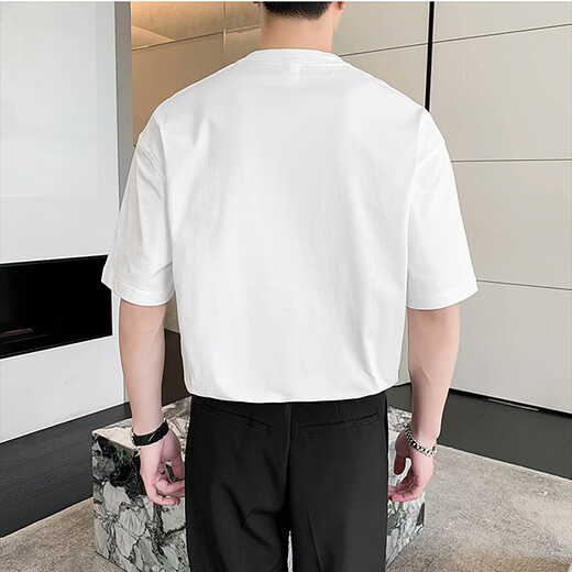 Heavy heavy cotton Henry shirt short-sleeved T-shirt men's summer American retro trend ins loose casual Henry neck T-shirt white XL (recommended 151Jin[Jin equals 0.5 kg]-170Jin[Jin equals 0.5 kg])