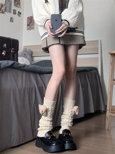 Huanwu Autumn and Winter Sweet Girl Cute Plush Bear Knitted Socks Cover Twist Pile Socks Y2K Hot Girl Leg Cover A10 Bear Style-White 1 Pair One Size