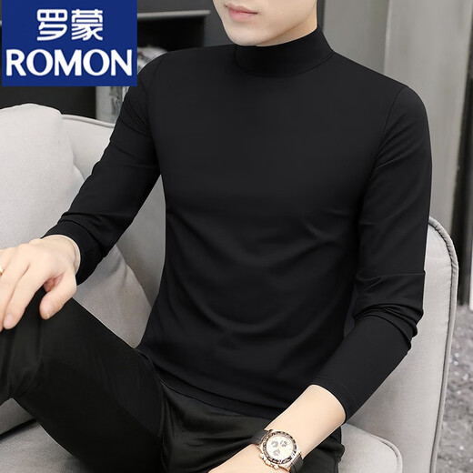ROMON Modal half turtleneck long-sleeved T-shirt for men in autumn and winter plus velvet warm bottoming shirt with mid-collar autumn coat for men Modal-Black XL 135~150Jin Jin is equal to 0.5kg Slim fit