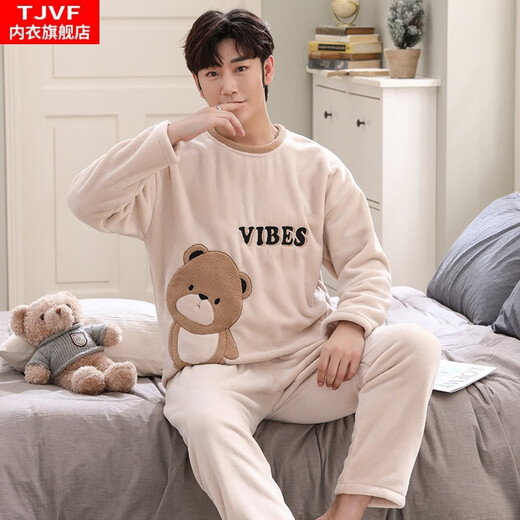 TJVF睡衣男士秋冬季薄款法兰绒学生卡通套头长袖珊瑚绒家居服套装 3889-HAPPY熊 XL 男
