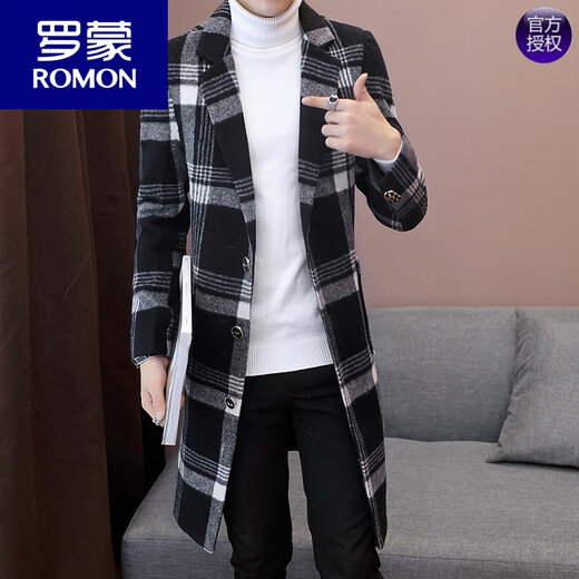 ROMON 2026 new autumn and winter mid-length windbreaker men's Korean style casual coat plus velvet and thickened plaid woolen coat 803 gray 2XL
