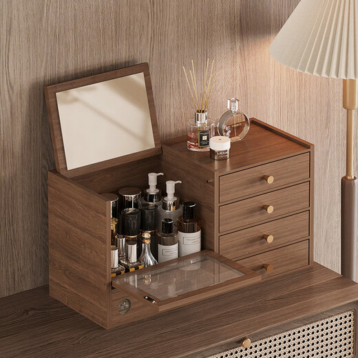 SHUSHI dust-proof cosmetics storage box wooden dresser desktop drawer-type large-capacity skin care product storage rack with mirror dust-proof cosmetics storage box with mirror 48.5*19*25cm