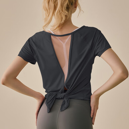 Yoga girl summer yoga wear Pilates mesh short-sleeved loose running blouse quick-drying sports suit pink top + black trousers S (80-95Jin Jin equals 0.5kg)