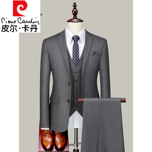 Pierre Cardin high-end suit suit men's gray business formal suit professional fit groomsmen groom wedding dress two-button navy suit + trousers + M 170 weight 115-125 Jin Jin equals 0.5 kg