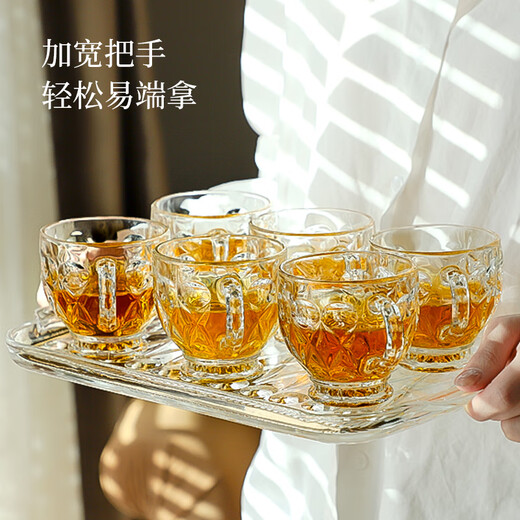 Langxu glass cup and plate set seven-piece set for new home, living room coffee table ornaments, thickened cups, 6 pieces with tray, XO style seven-piece set