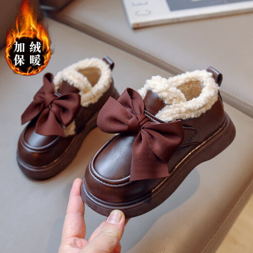 Brand code-breaking girls' small leather shoes 2024 autumn and winter new children's velvet warm cotton shoes princess style black British brown size 36