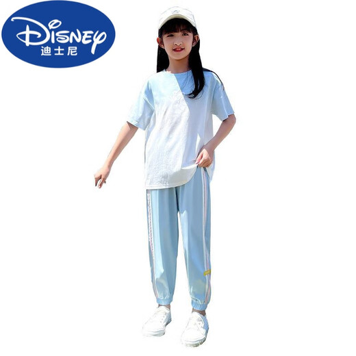 迪士尼（Disney）2024新款套装夏装女童休闲运动服女大童儿童夏季短袖时髦洋气童装 5671撞色+9731紫色(无鞋) 120 cm