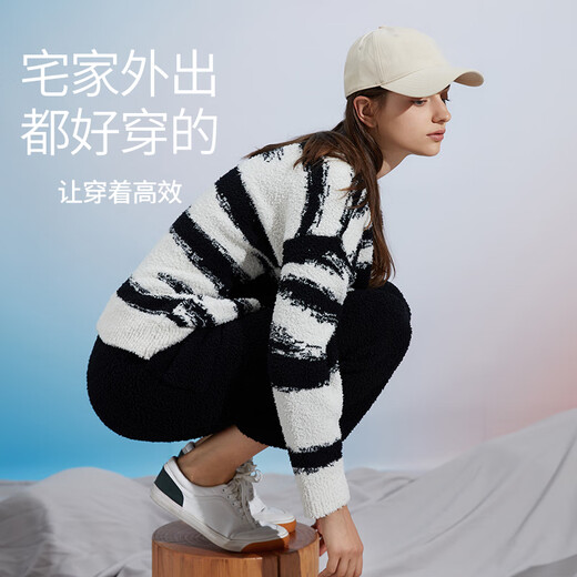 Chundu Soft Half Velvet Couple Pajamas Women's Winter Thickened Coral Velvet Long Sleeve Home Clothes Men's Winter Suit Can Be Weared Outside Black and White Stripes/Black (Male) M (Suitable for M-L sizes)