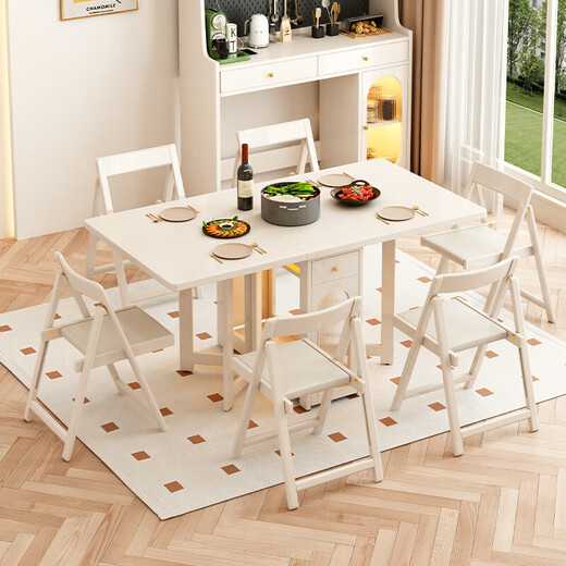Senneng solid wood folding dining table cream style movable small-sized home Nordic retractable multi-functional dining table side cabinet 1.2 meters solid wood folding dining table + folding chairs *4