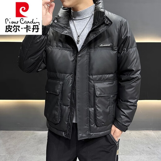 皮尔卡丹反季节热卖冬季羽绒服男无帽立领加厚保暖外套中青年短款休闲男装 黑色WPL9853立领皮纹羽绒服 XL 120-140
