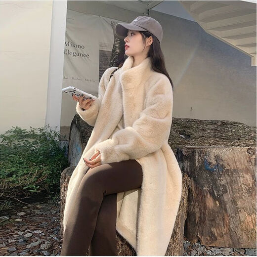 Gu Bing simulated fur coat for women winter imitation mink coat thickened loose lamb fur one-piece mid-length milk white [self-priming buckle] L [130-150Jin [Jin equals 0.5 kg]]