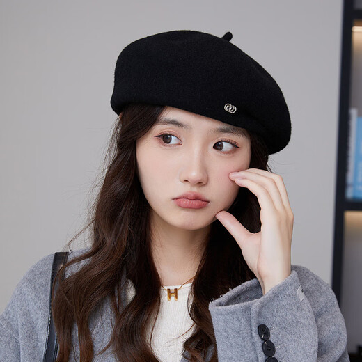 GLO-STORY French beret women's autumn and winter literary retro painter's hat with versatile temperament and face-showing little pumpkin hat black