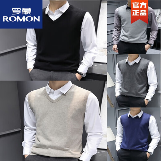 ROMON Fashion men's knitted vest vest autumn and winter sleeveless sweater slim vest base shirt V-neck thread SXZFS-14126 khaki + dark blue L