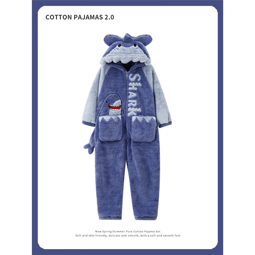 Shantoulin Village Shark Men's Autumn and Winter Large Size One-piece Pajamas 2024 Teenagers Plush Thickened Coral Fur Home Clothing YPF One-piece 3890 Gray Cat M Size 160C/95Jin[Jin equals 0.5 kg]