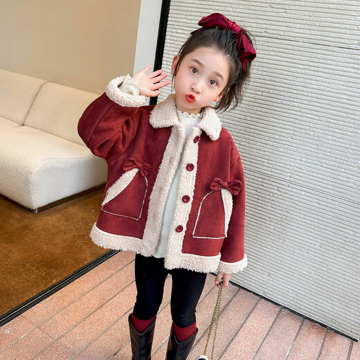 Qiyuxin children's clothing girls velvet jacket winter children's cotton coat 2025 new girl baby warm quilted jacket coat velvet red coat 140 (suitable for height 130-140cm)
