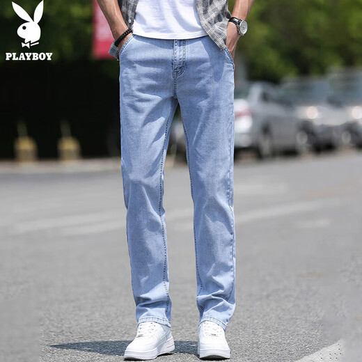 Playboy (PLAYBOY) jeans men's spring and summer pants men's trendy business loose straight stretch casual pants light blue 32