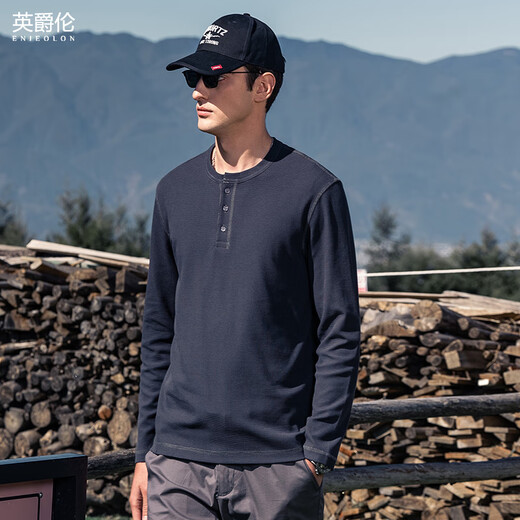 Enjeolon textured henley collar modal cotton stretch bottoming shirt with long-sleeved T-shirt men's bottoming shirt black 185/108A(XXL)